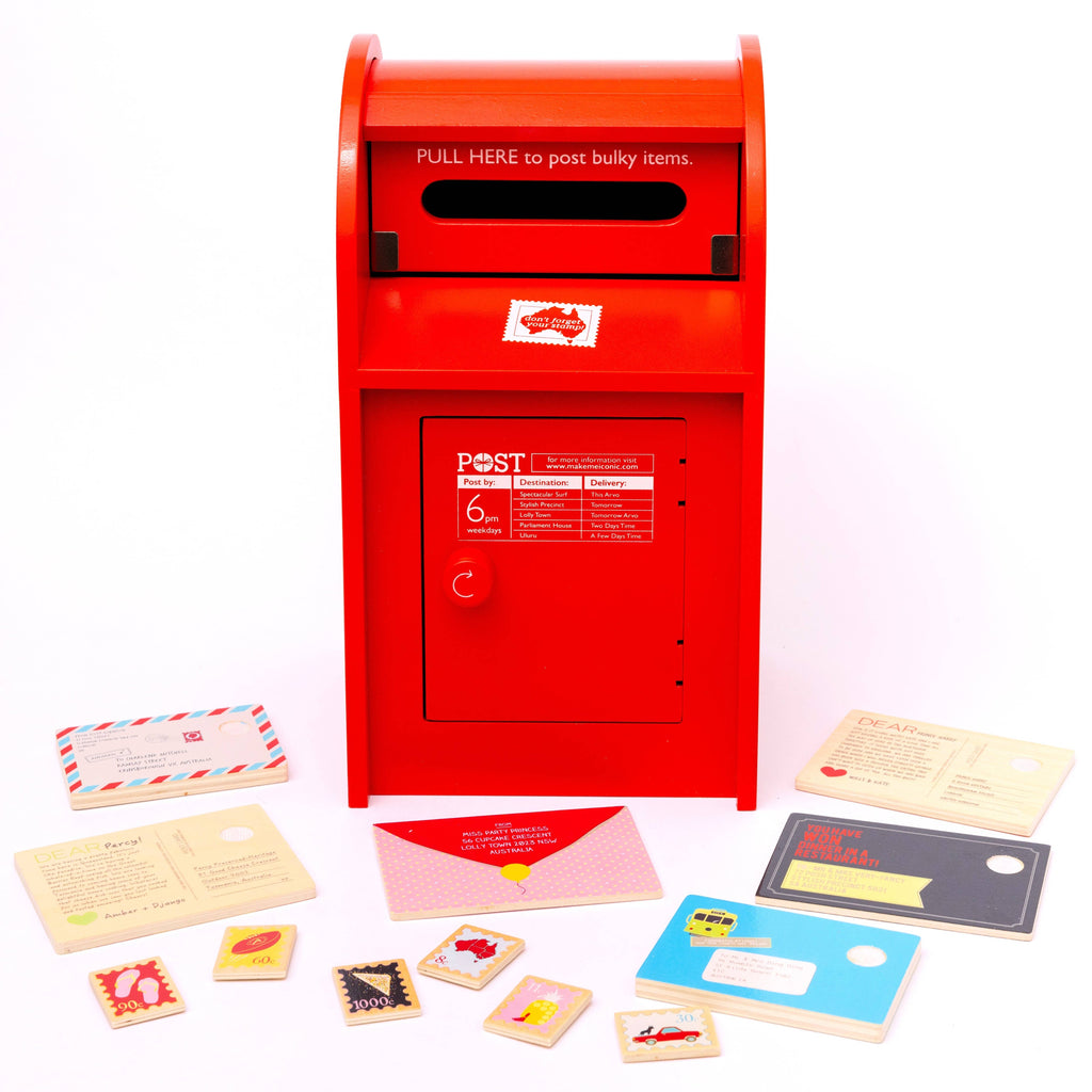 Make Me Iconic Wooden Mail Box Toy front view whats inside