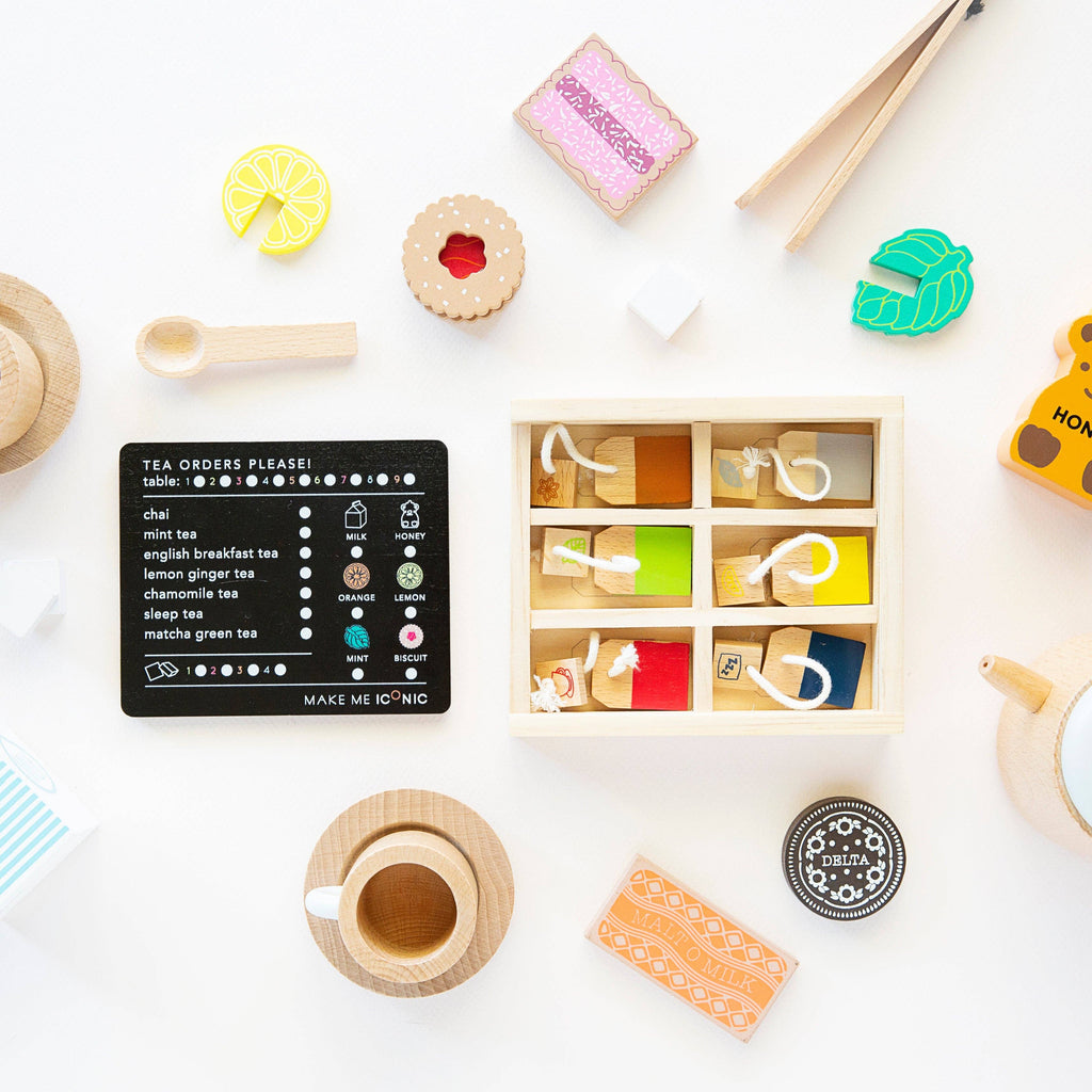 Make Me Iconic Pretend Play Tea Set Extension Kit top view, full kit