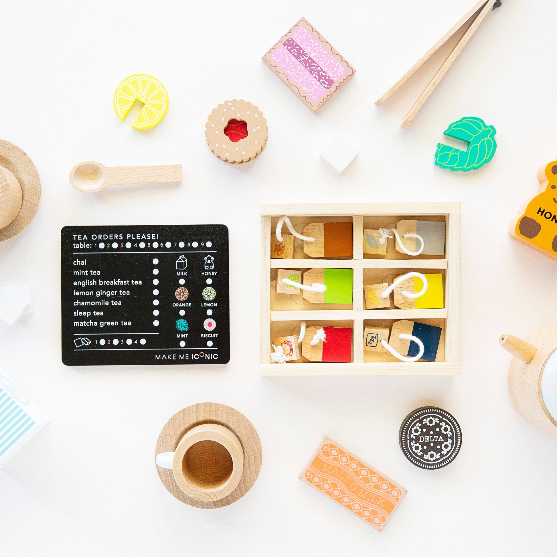 Make Me Iconic Pretend Play Tea Set Extension Kit top view, full kit