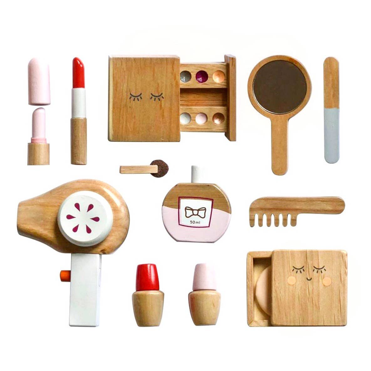 Make Me Iconic Pretend Play Wooden Beauty Kit whats inside view above