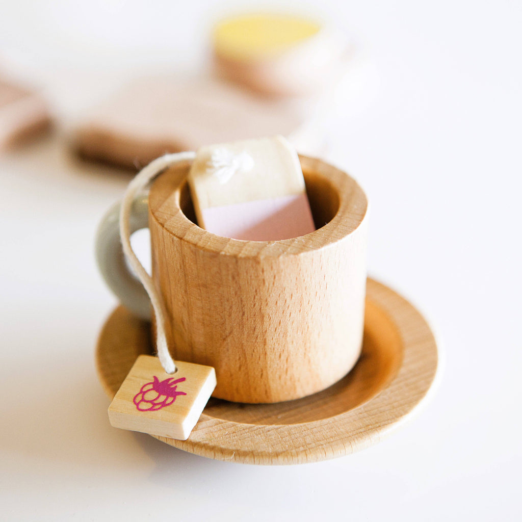Make Me Iconic Wooden Tea Set close up of tea cup and tea bag