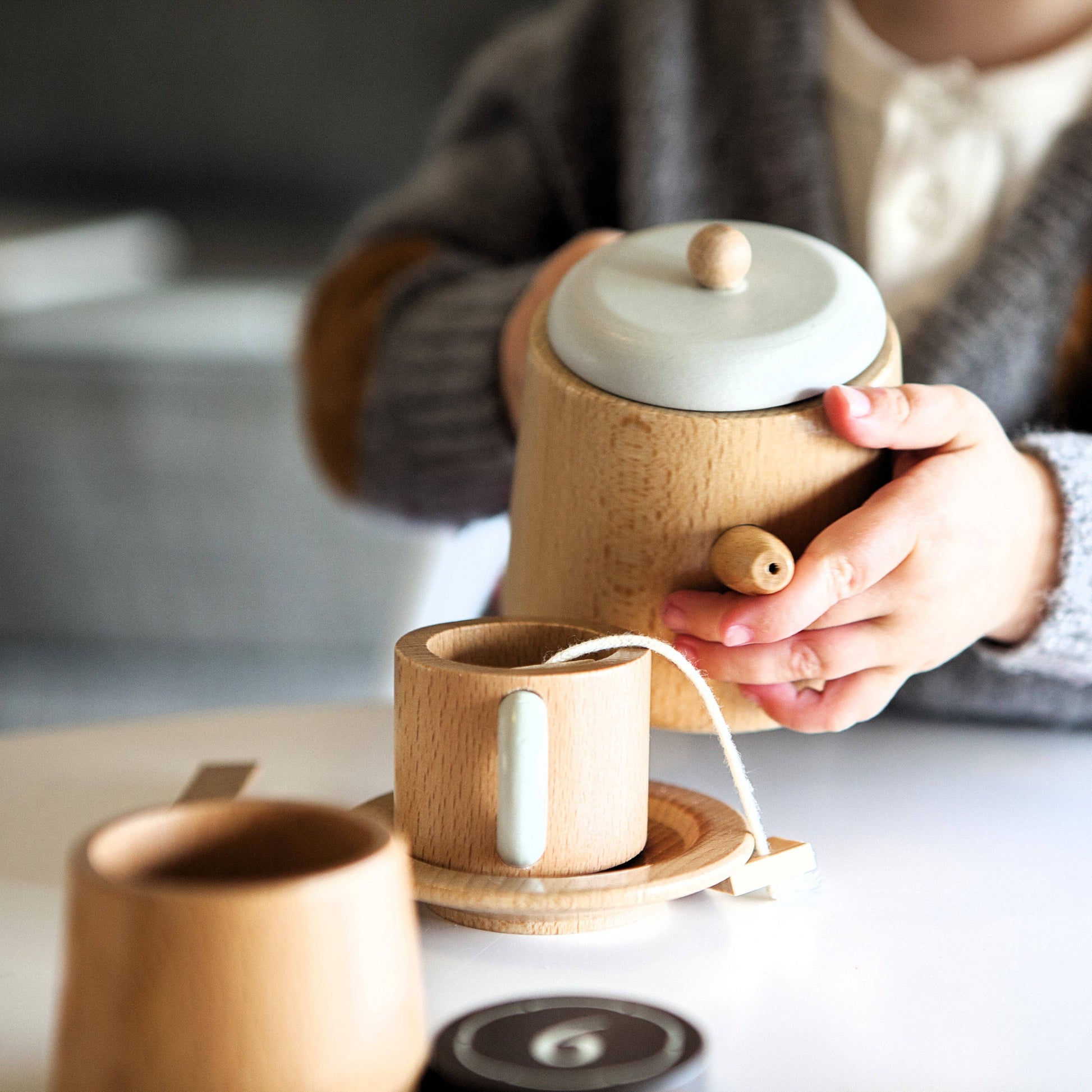 Make Me Iconic Wooden Tea Set play idea up close