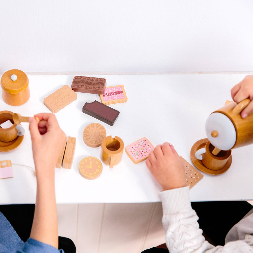 Make Me Iconic Wooden Tea Set with biscuits view